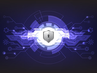 Wall Mural - cyber security concept vector illustration. silver shield for privacy protection on blue circle tech