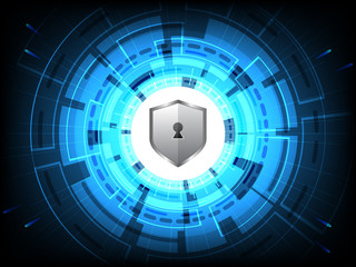 Wall Mural - cyber security concept vector illustration. silver shield for privacy protection on blue circle tech