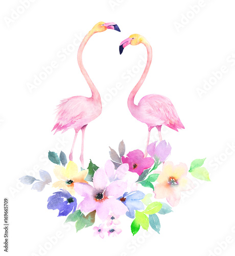 Couple pink flamingos and bouquet flowers. Watercolor print for invitation, b...