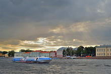 The Ship Hydrofoil Floats On The Neva River On The Background Of The Menshikov Palace