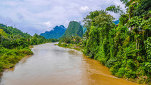 The Scenery Lanscape Of Song River Beside The Road To Vang Vieng, Laos.