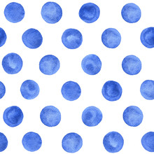 Hand Painted Watercolor Blue Polka Dot Seamless Pattern On The White Background. Textures For Your Design.