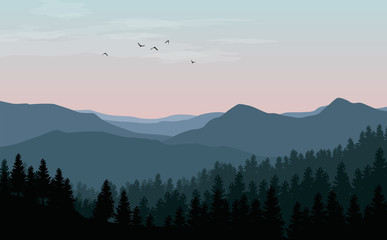 Wall Mural - vector landscape with blue silhouettes of mountains, hills and forest with sunset or dawn pink sky