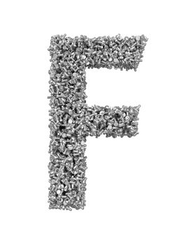 3D render of silver or grey alphabet make from bolts. Big letter F with clipping path. Isolated on white background