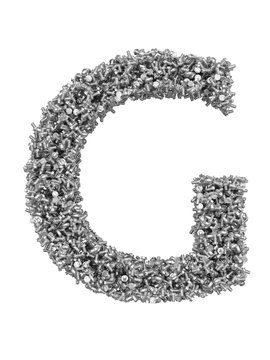 3D render of silver or grey alphabet make from bolts. Big letter G with clipping path. Isolated on white background