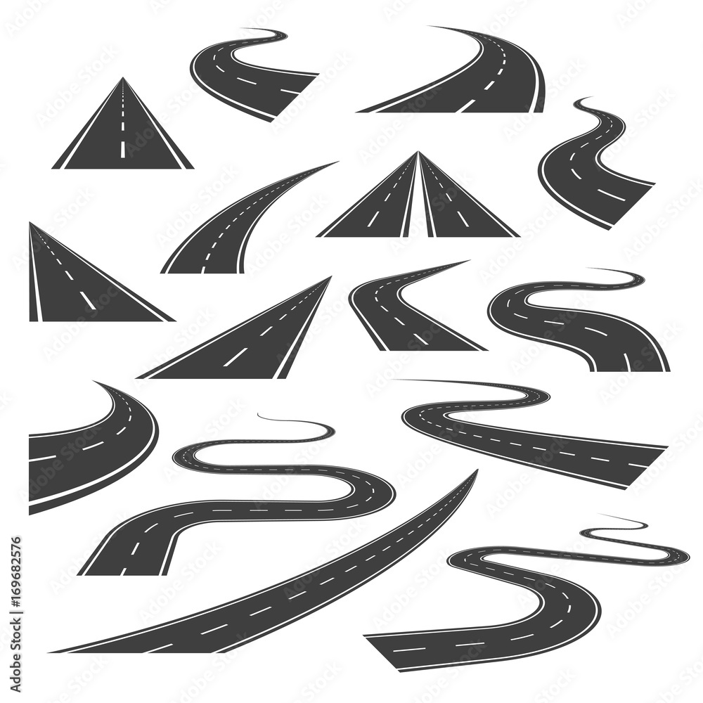Big set of asphalt road curves, turns, bankings, and perspectives. Bending road, highway or roadway vector illustration. Collection of winding road design elements with white markings. - obrazy, fototapety, plakaty 