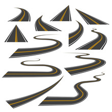 Big Set Of Asphalt Road Curves, Turns, Bankings, And Perspectives. Bending Road, Highway Or Roadway Vector Illustration. Collection Of Winding Road Design Elements With White And Yellow Markings.