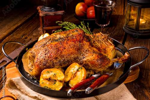 Fotografie, Obraz Duck on old Polish roasted with thyme and Apple