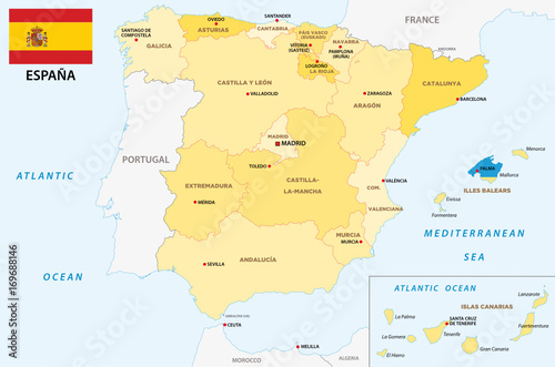Plakat Hiszpania administracyjna i polityczna mapa wektorowa z flagą
