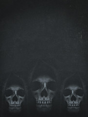 Human skull in hood on dark background. Halloween banner