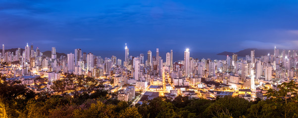 Wall Mural - Panoramic aerial view of buildings in Balneario Camboriu city at night - Balneario Camboriu, Santa Catarina, Brazil