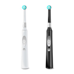 Poster - Electric Toothbrush Set Vector. Realistic Classic Tooth Brush Mock Up For Branding Design. Black And White. Isolated On White Illustration.