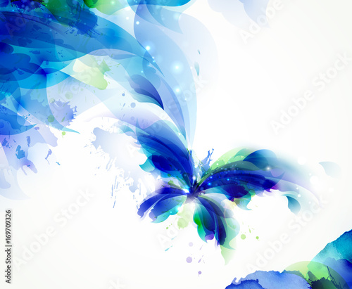 Foto-Kissen premium - Abstract flying butterfly with blue and cyan blots (von artant)