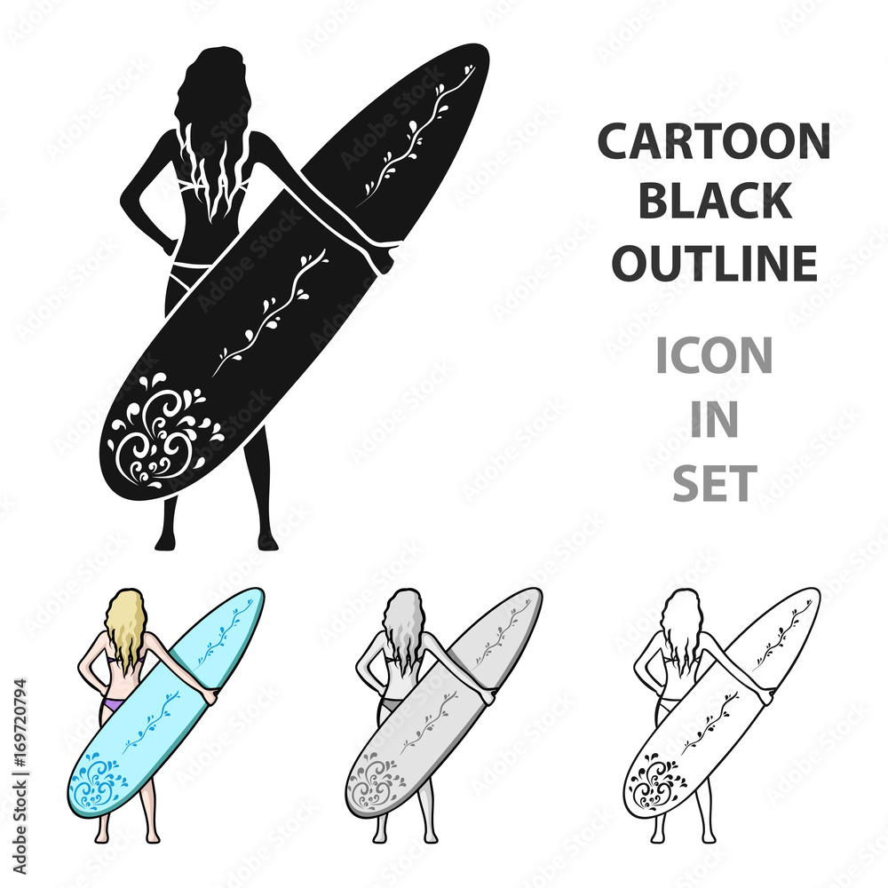 Girl is holding a surfboard icon in cartoon style isolated on white ...