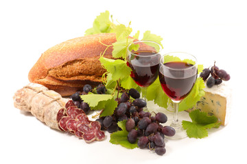 Wall Mural - red wine with grape, salami and bread