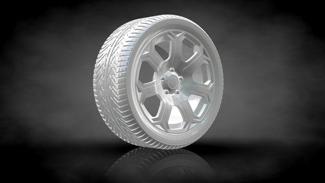 3d rendering of a reflective car tire on a dark black background