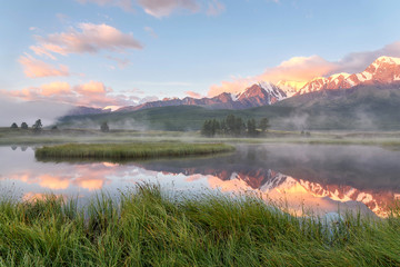 Wall Mural - lake mountains fog reflection sunrise