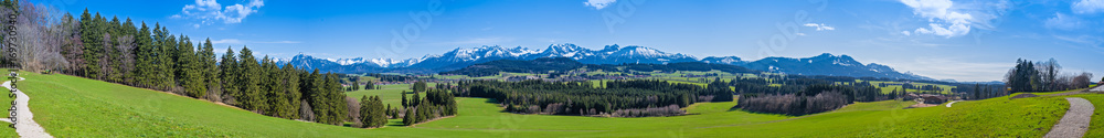 Wanderweg durch das Allgäu mit Blick auf die Alpen - hochauflösendes Panorama - obrazy, fototapety, plakaty 