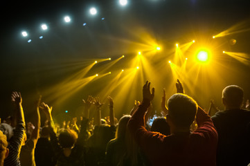 Wall Mural - Raised hands of fans during a concert, show or performance on the background of rays of light