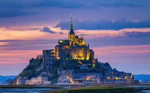 Mont Saint-Michel View In The Sunset Light. Normandy, Northern France
