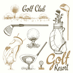 Golf set with basket, shoes, putter, ball, gloves, flag, bag. Vector set of hand-drawn sports equipment. Illustration in sketch style on white background. Handwritten ink lettering.