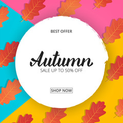 Wall Mural - autumn. banner with trendy geometric background, autumn hand lettering and fall oak leaves