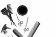 © 9dreamstudio - combs and hairdresser tools on white work desk background top view mockup