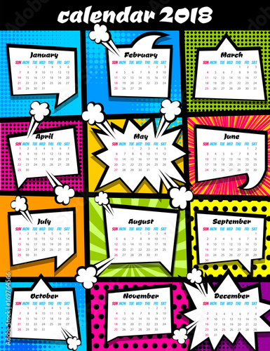 2018 Calendar Pop Art Template Comic Book Colored Halftone Background 