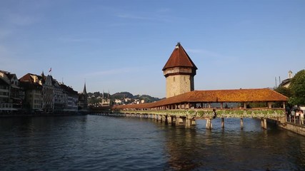 Canvas Print - Famous Chapel bridge in Lucerne in a beautiful summer day, Switzerland