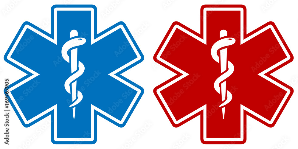 Vector illustration of a medical star symbol in two color variations: blue and red. - obrazy, fototapety, plakaty 