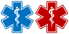 Vector Illustration Of A Medical Star Symbol In Two Color Variations: Blue And Red.