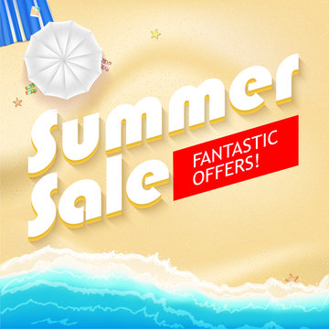 Summer sale background. White beach umbrella with flip flops on a background of yellow sand. Volumetric text Summer sale, fantastic offer, 3D illustration. Promotional poster for your business