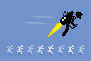 Man with jet pack flying ahead of everybody else. Vector artwork depicts advancing, moving forward, beating competitors, and competitive advantage.