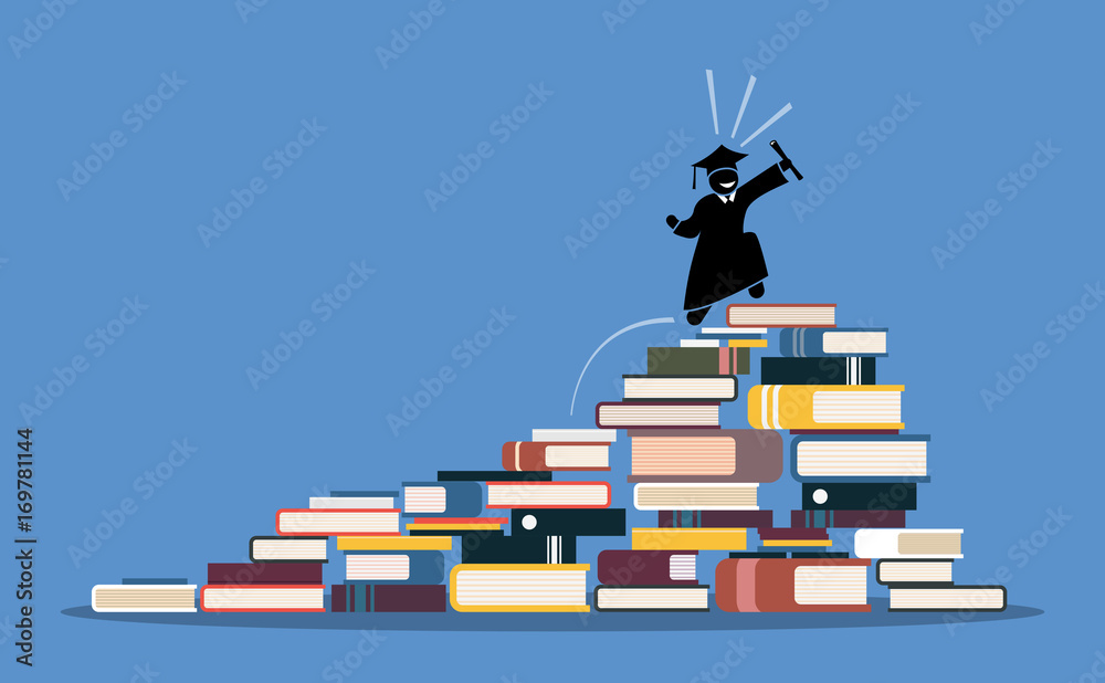 Happy graduating student climbing to the top of book piles. Vector artwork depicts the process and step by step of achieving wisdom, knowledge, success, education, rewards, and hard works. - obrazy, fototapety, plakaty 