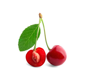 Sticker - Fresh sweet cherries on white background