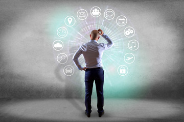 Poster - home button of a technology interface surrounded by application - technology app concept