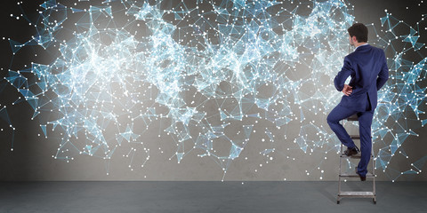 Poster - Businessman using connection network on a wall 3D rendering