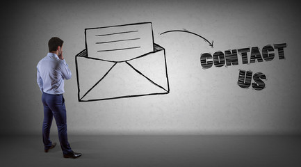 Poster - Businessman watching e-mail sketch on a wall 3D rendering