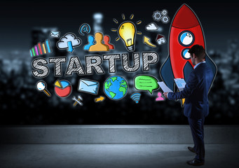 Poster - Businessman watching startup sketch on a rooftop 3D rendering