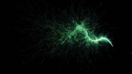 Fototapete - 3d rendered particle trail background. Abstract detailed particles structure. Particles are emitted from a point that forms wave trajectory.