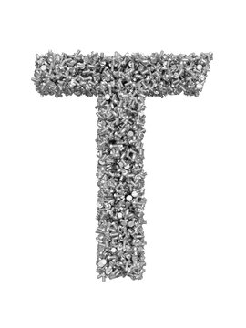 3D render of silver or grey alphabet make from bolts. Big letter T with clipping path. Isolated on white background