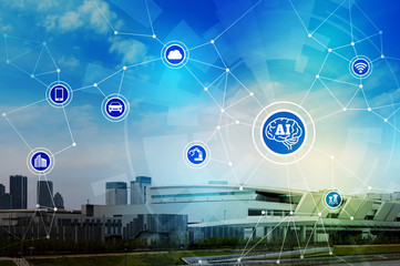 Aufkleber - AI (artificial intelligence) and communication network concept. Internet of Things. abstract mixed media.