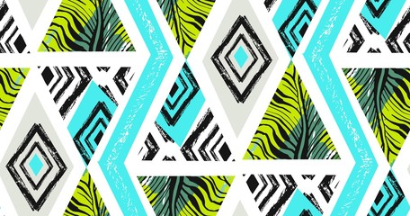 Hand drawn vector abstract freehand textured seamless tropical pattern collage with zebra motif,organic textures,triangles isolated on white background