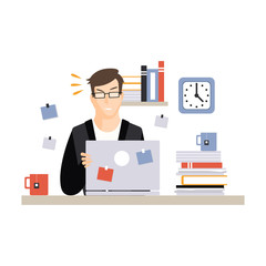 Sticker - Stressed busy young businessman character sitting at the computer desk with laptop and working, daily life of office employee vector Illustration