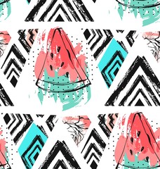 Wall Mural - Hand drawn vector abstract unusual summer time decoration collage seamless pattern with watermelon,aztec and tropical palm leaves motif isolated.