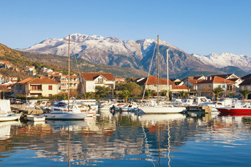 Wall Mural - Fishing boats in harbor.  Marina Kalimanj  in Tivat town on a sunny winter day with Lovcen mountain in the background, Montenegro