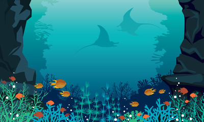 Wall Mural - Underwater sea - fish, stingray, coral reef.