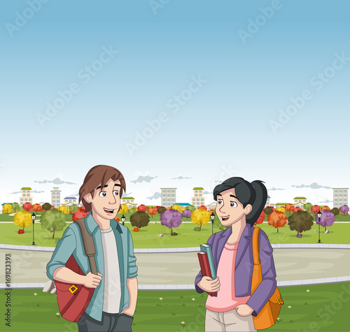 Cartoon teenager students with books and backpack in colorful park.