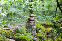A Stack Of Balanced Stones In The Forest, Limousin, France