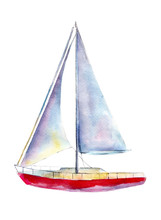 Watercolor Illustration, Hand Drawn Sailboat Isolated Object On White Background.